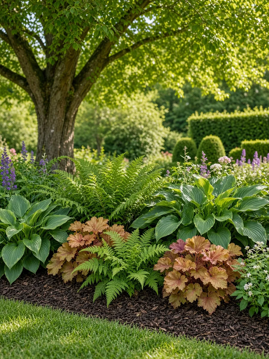 Sous-bois planté d'hostas et de fougères